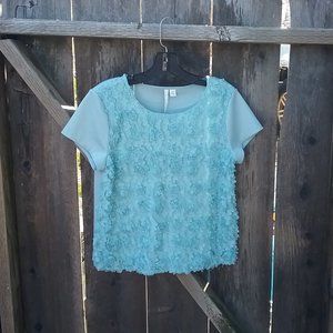 Blue 3D Floral Applique Short Sleeved Blouse Size M Feminine GirlySoftgirlUnique